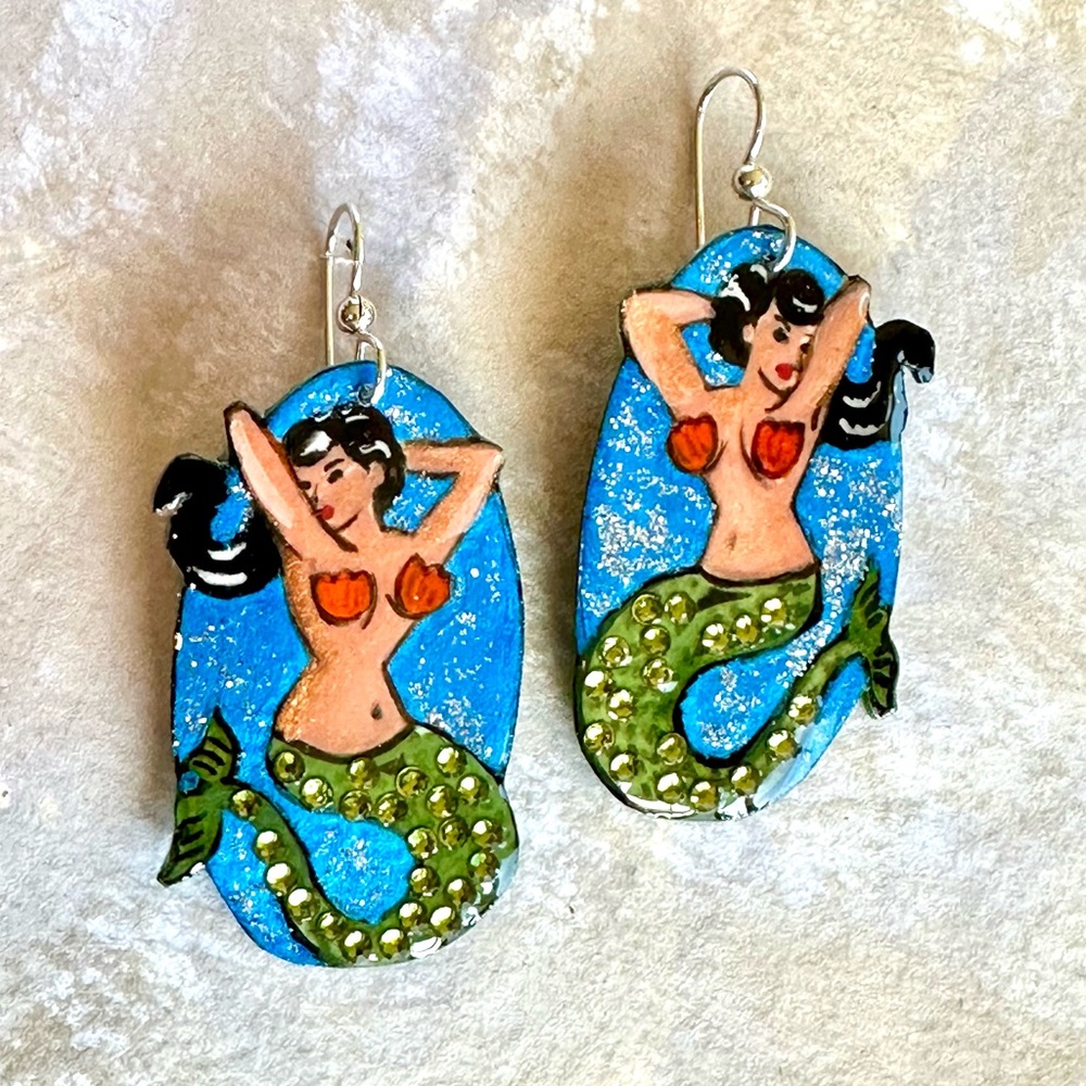 Designed handmade handpainted by brush little mermaid sirens earrings OOAK